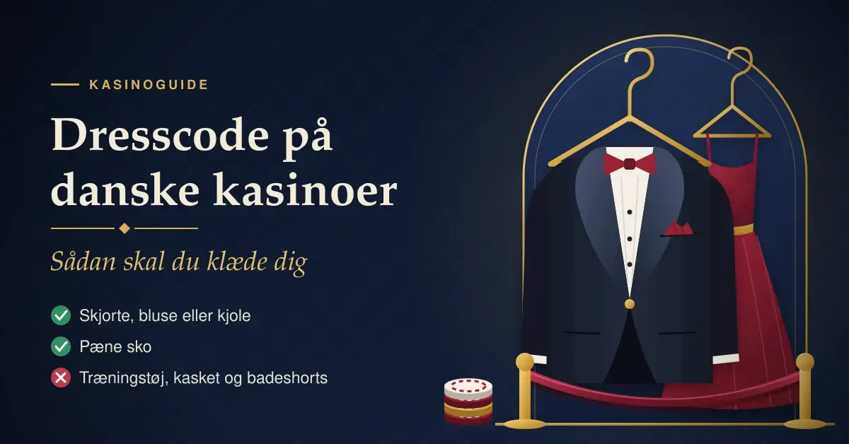 Illustration af en smoking og en rød aftenkjole på bøjler i en gylden buegang bag et rødt afspærringsreb og en stak jetoner, ved siden af teksten "Dresscode på danske kasinoer – Sådan skal du klæde dig" og en liste over tilladt og forbudt påklædning.