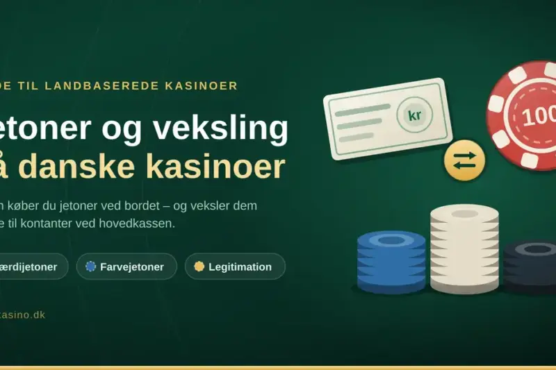 Illustration af en pengeseddel, en gylden vekslepil og stakke med farvede jetoner ved siden af teksten "Jetoner og veksling på danske kasinoer".
