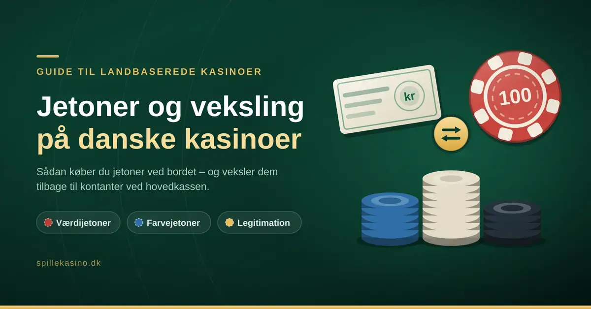 Illustration af en pengeseddel, en gylden vekslepil og stakke med farvede jetoner ved siden af teksten "Jetoner og veksling på danske kasinoer".