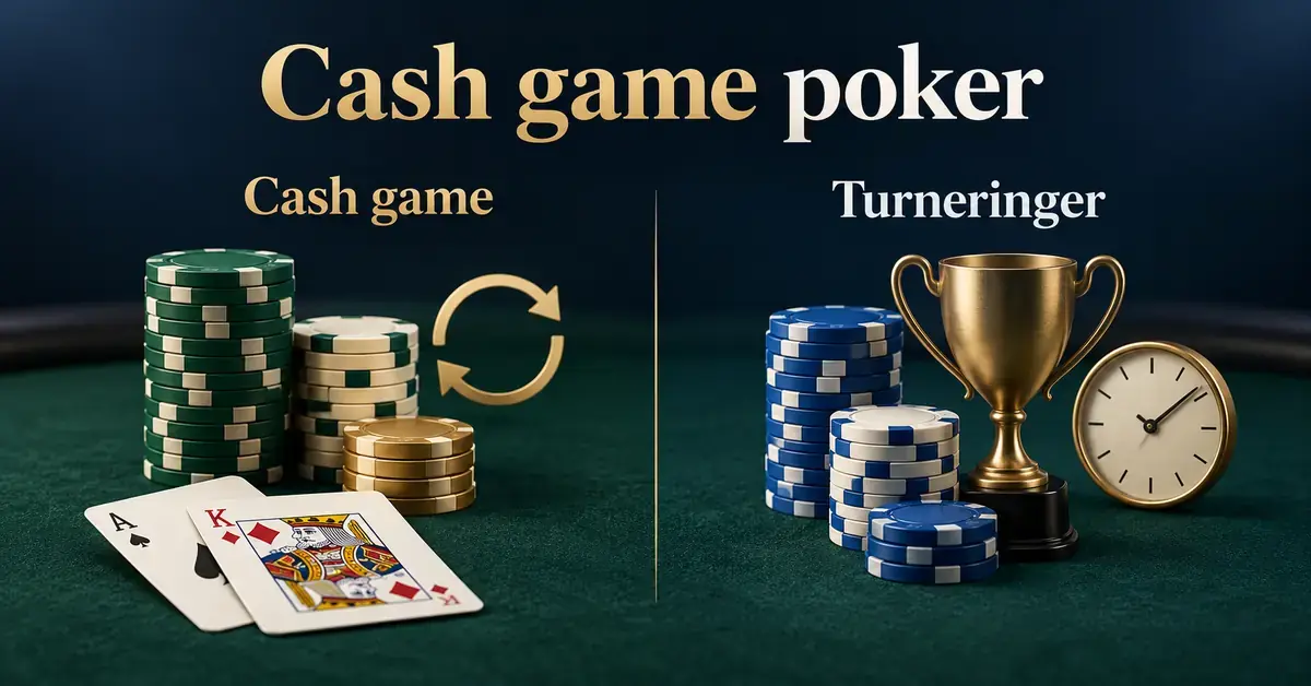 Grafik med pokerjetoner og spillekort ved cash game samt pokerjetoner, en pokal og et ur ved turneringer.