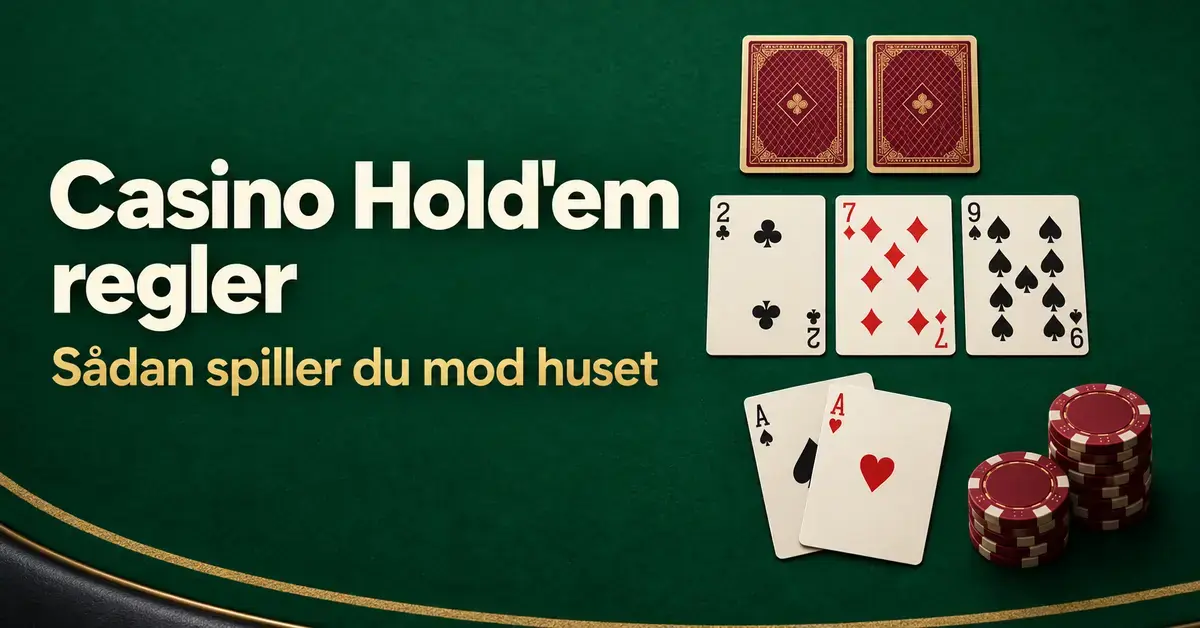 Grafik med teksten Casino Hold'em regler: Sådan spiller du mod huset samt spillerens to esser, tre fælleskort, dealerens skjulte kort og jetoner på et grønt kasinobord.