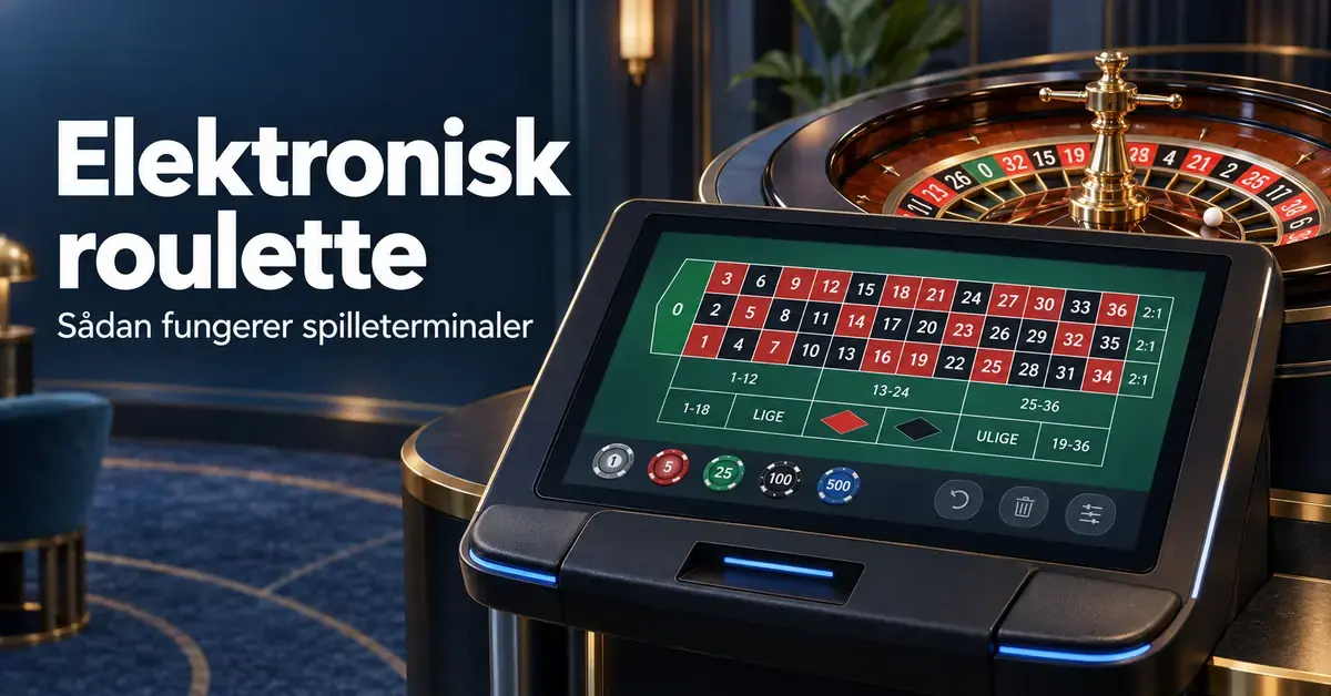Elektronisk rouletteterminal med spillefelter på en berøringsskærm og et roulettehjul i baggrunden.