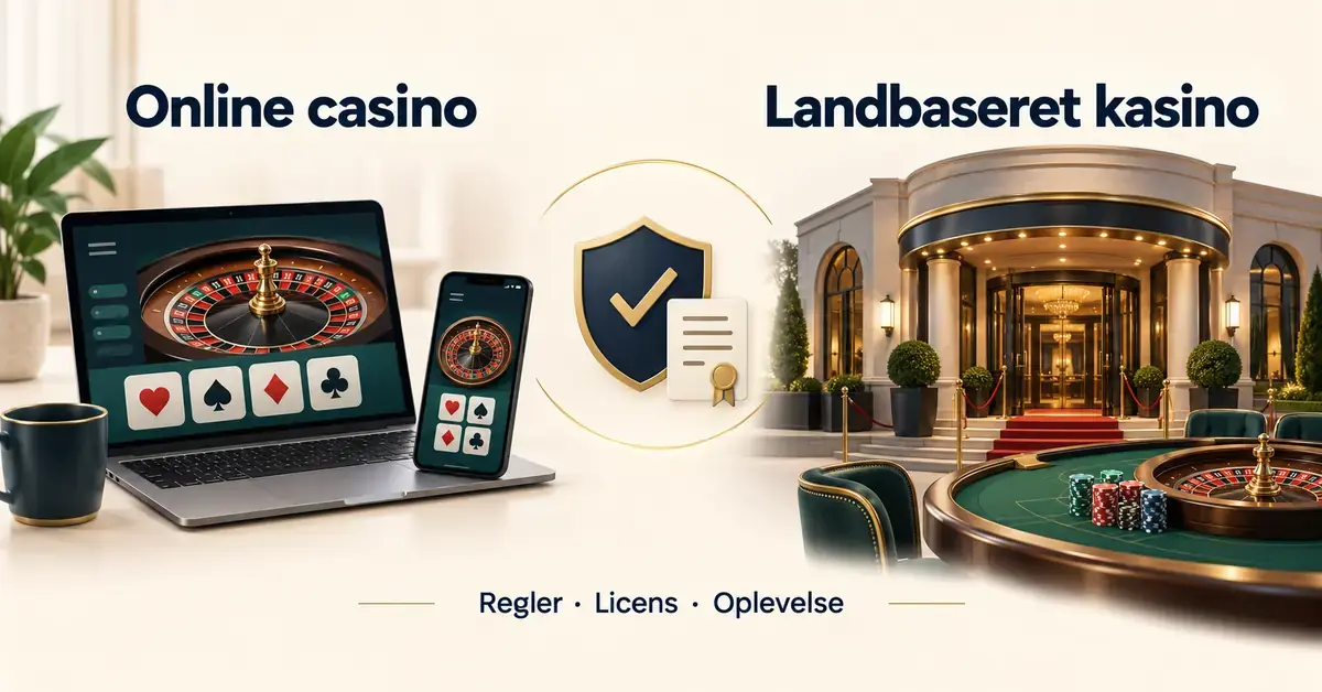 Illustration af online casino på computer og mobil over for et landbaseret kasino med roulettebord samt symboler for regler og licens.