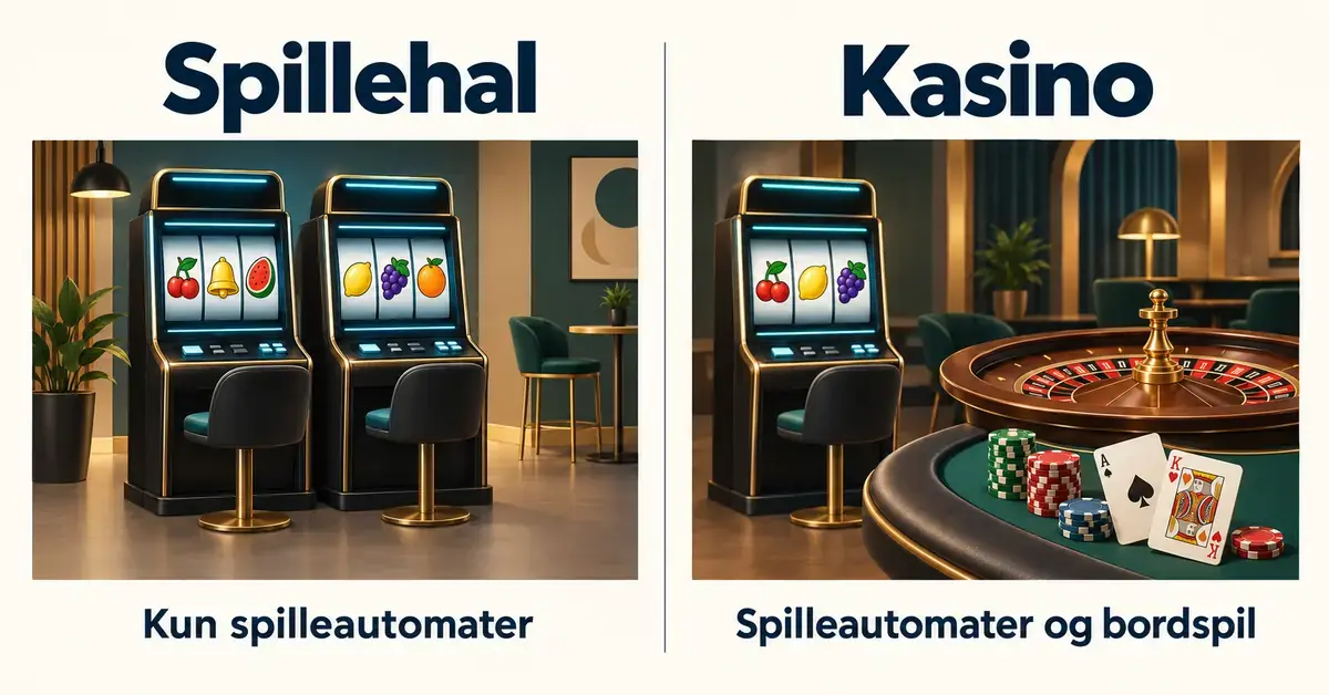 Illustration af en spillehal med spilleautomater og et kasino med spilleautomat, roulette, spillekort og jetoner.