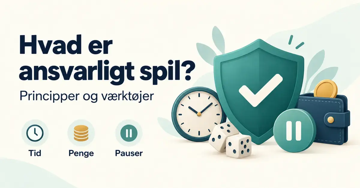 Grafik om ansvarligt spil med et skjold, et ur, en pung, terninger og et pausesymbol, der illustrerer kontrol over tid og penge samt pauser fra spil.