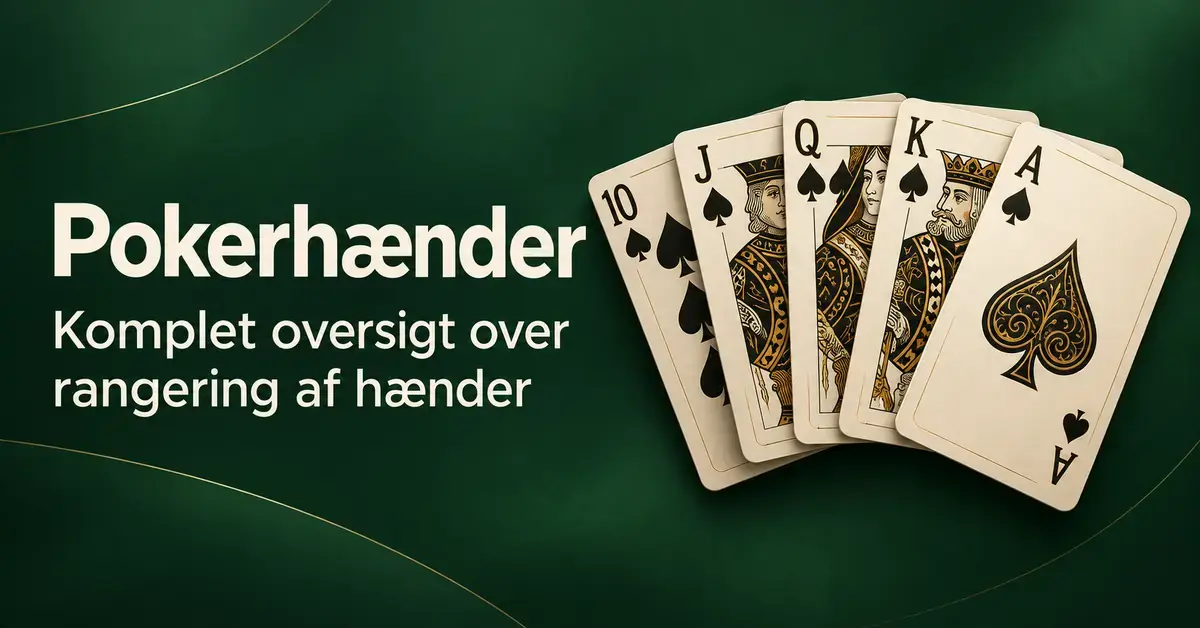 Fem spillekort viser en royal flush i spar på en mørkegrøn baggrund ved siden af teksten »Pokerhænder – Komplet oversigt over rangering af hænder«.