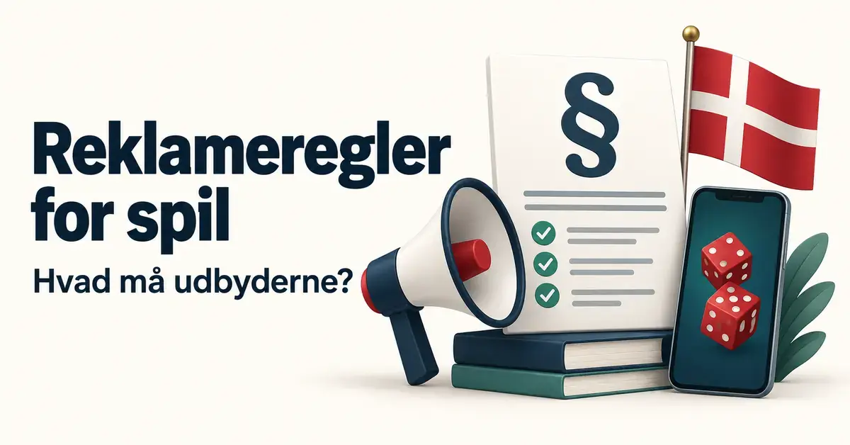 Illustration af danske spilreklameregler med en megafon, et dokument med paragraftegn, Dannebrog og en mobiltelefon med terninger.