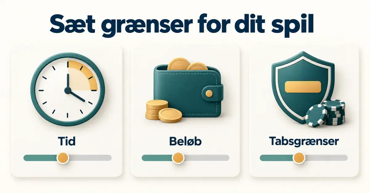 Grafik med et ur, en pung og et skjold, der illustrerer grænser for tid, beløb og tab ved spil.