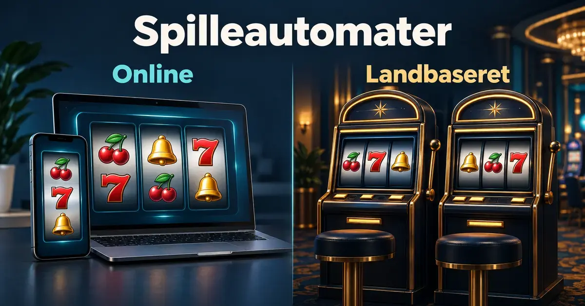 Illustration af online spilleautomater på en bærbar computer og mobiltelefon sammenlignet med fysiske spilleautomater i et kasino.