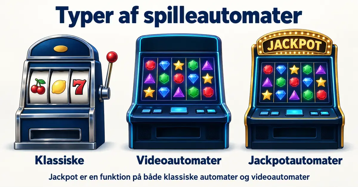 Illustration af en klassisk spilleautomat med tre hjul, en videoautomat og en automat med jackpot, ledsaget af danske betegnelser.