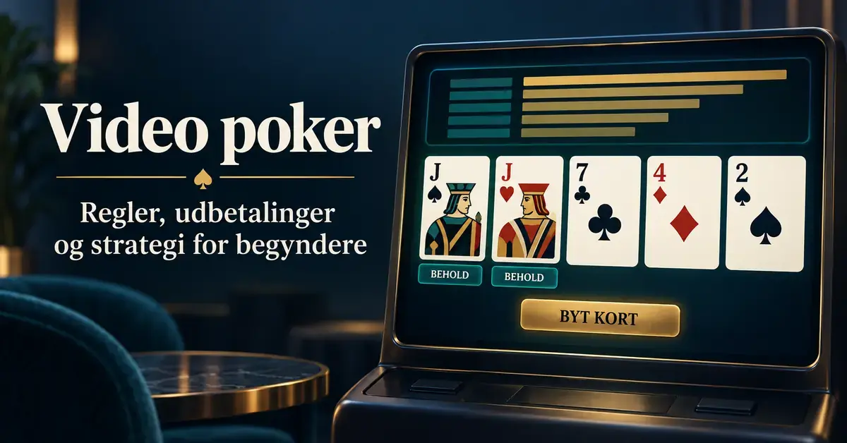 Videopokermaskine med fem kort, to knægter markeret med »BEHOLD« og teksten »Video poker – Regler, udbetalinger og strategi for begyndere«.